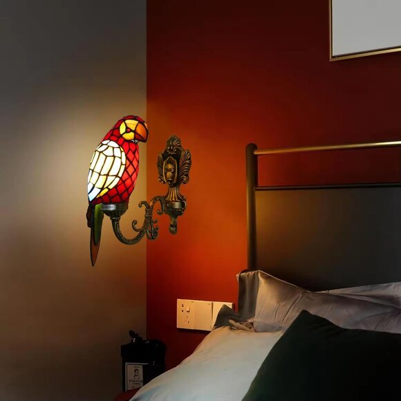 NEW! Tiffany Red Parrot Wall Light Handmade Stained Glass Gooseneck Wall Sconce - Picture 2 of 6